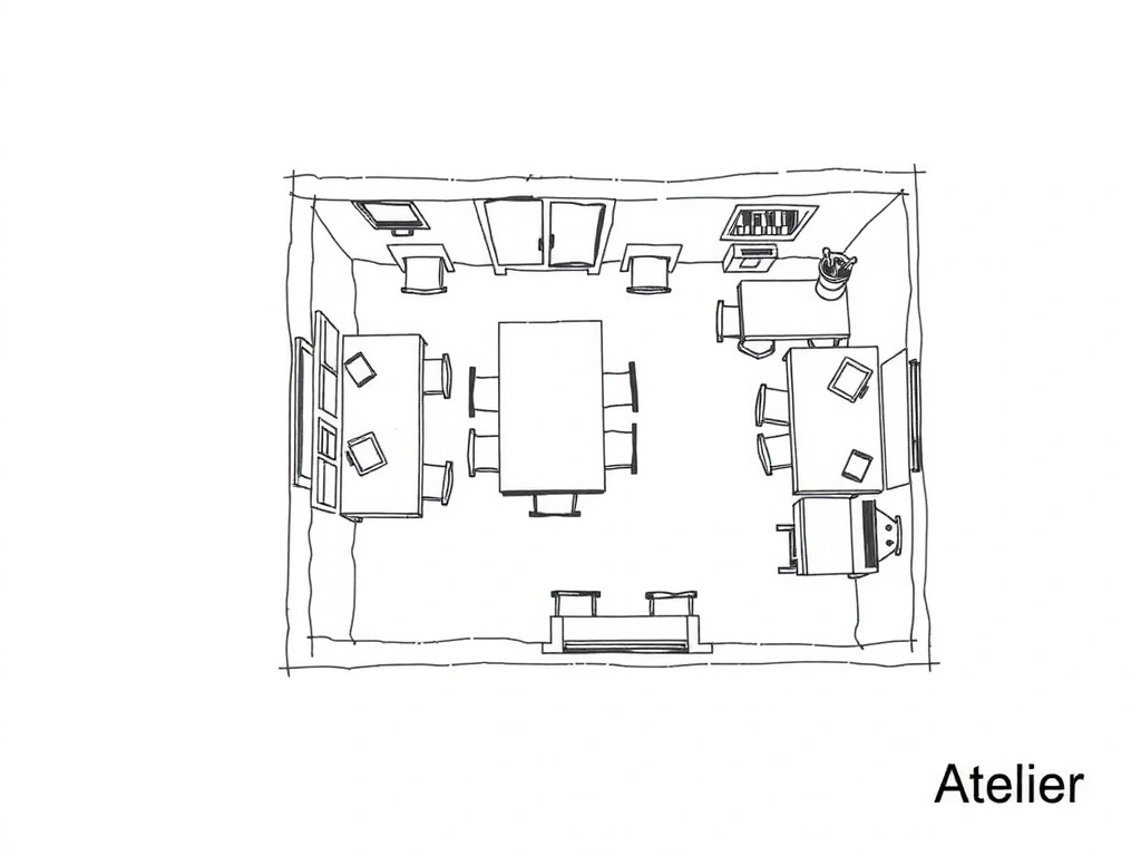 Hand-drawn floor plan sketch of the atelier workspace